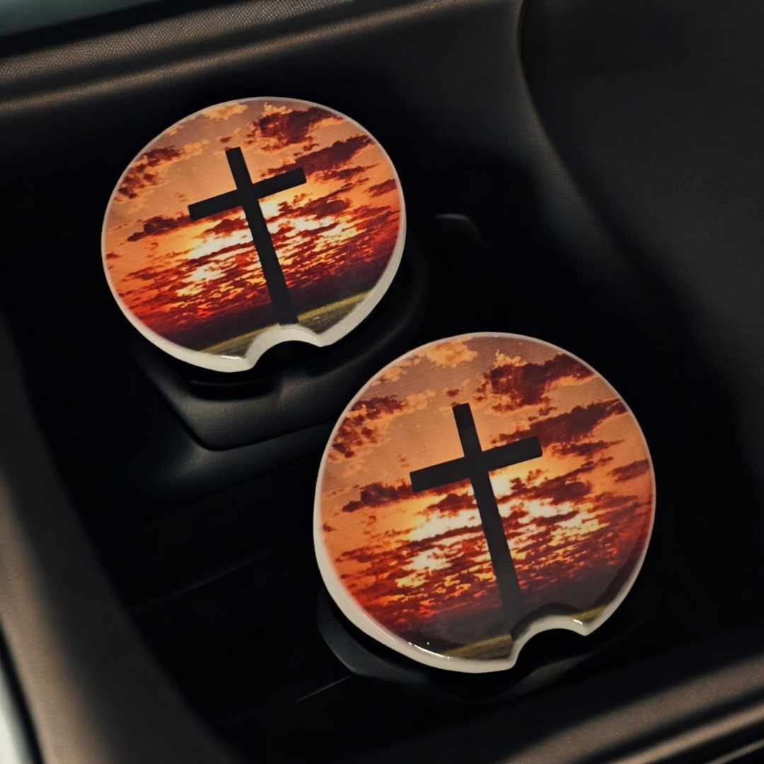 Christian Cross Car Coasters - Set of 2 Ceramic Coasters