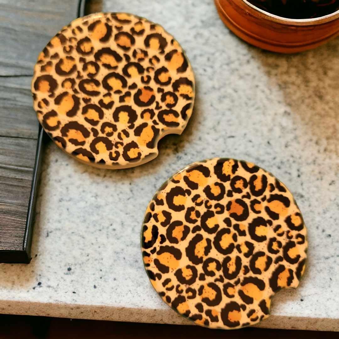 Ceramic Car Coasters, Leopard Coasters - Set of 2 Ceramic Coasters for Drinks (Little Leopard)