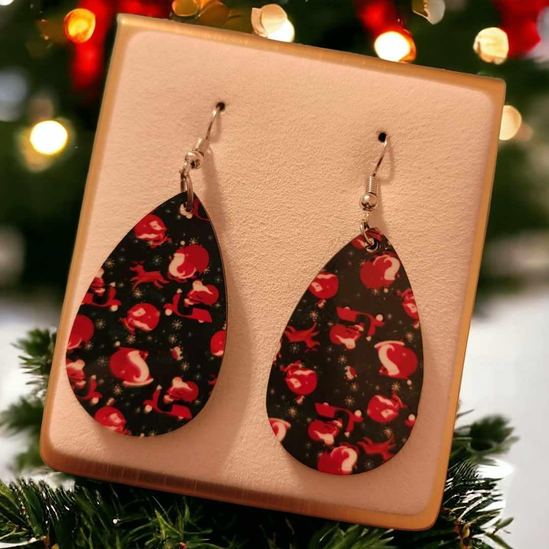 Christmas Santa Wooden Teardrop Earrings