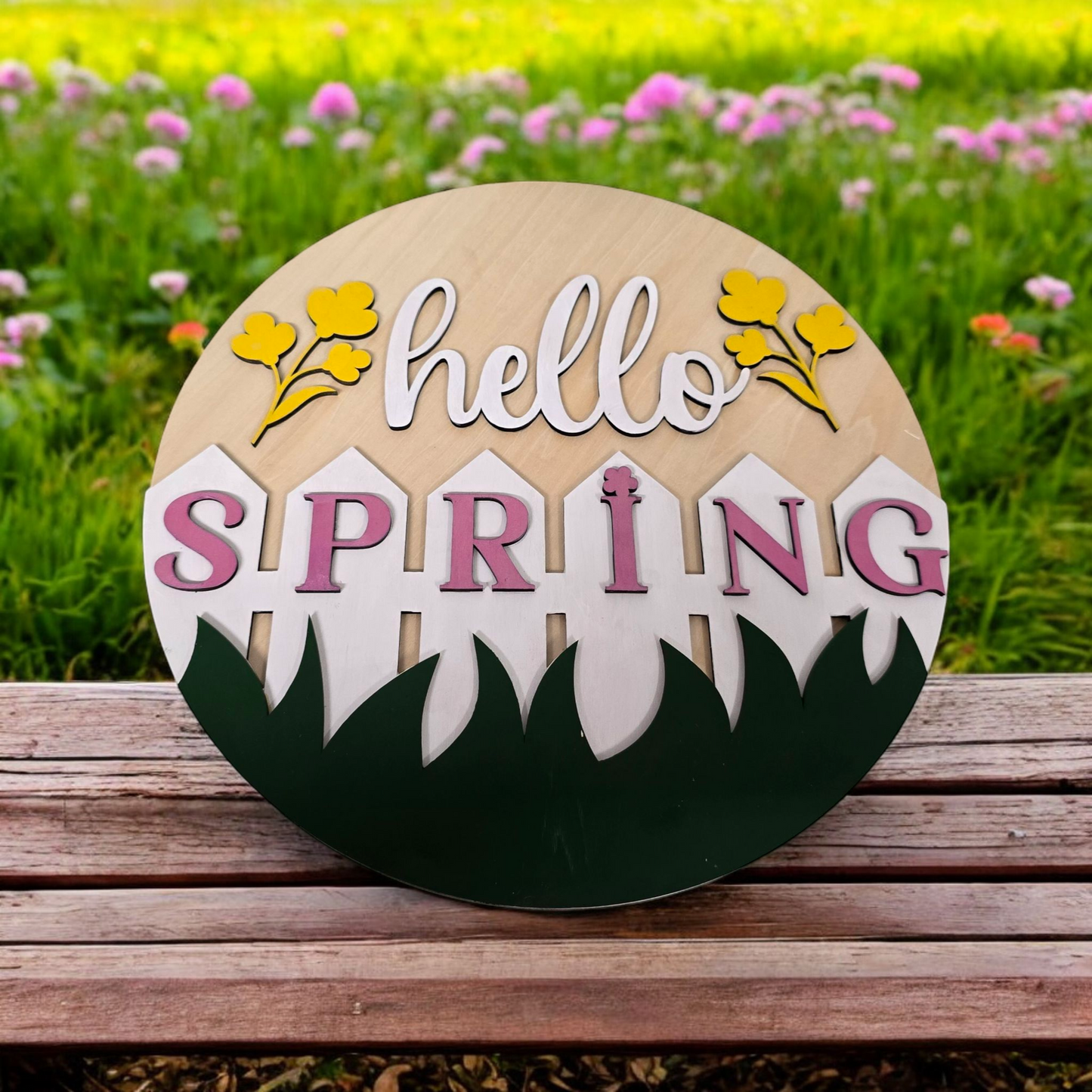"Hello Spring" Layered Wooden Round Sign – 12"x12"