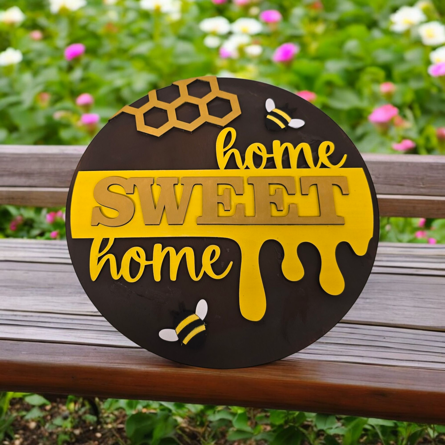 "Home Sweet Home" Honeybee-Themed Layered Wooden Sign – 12"x12"