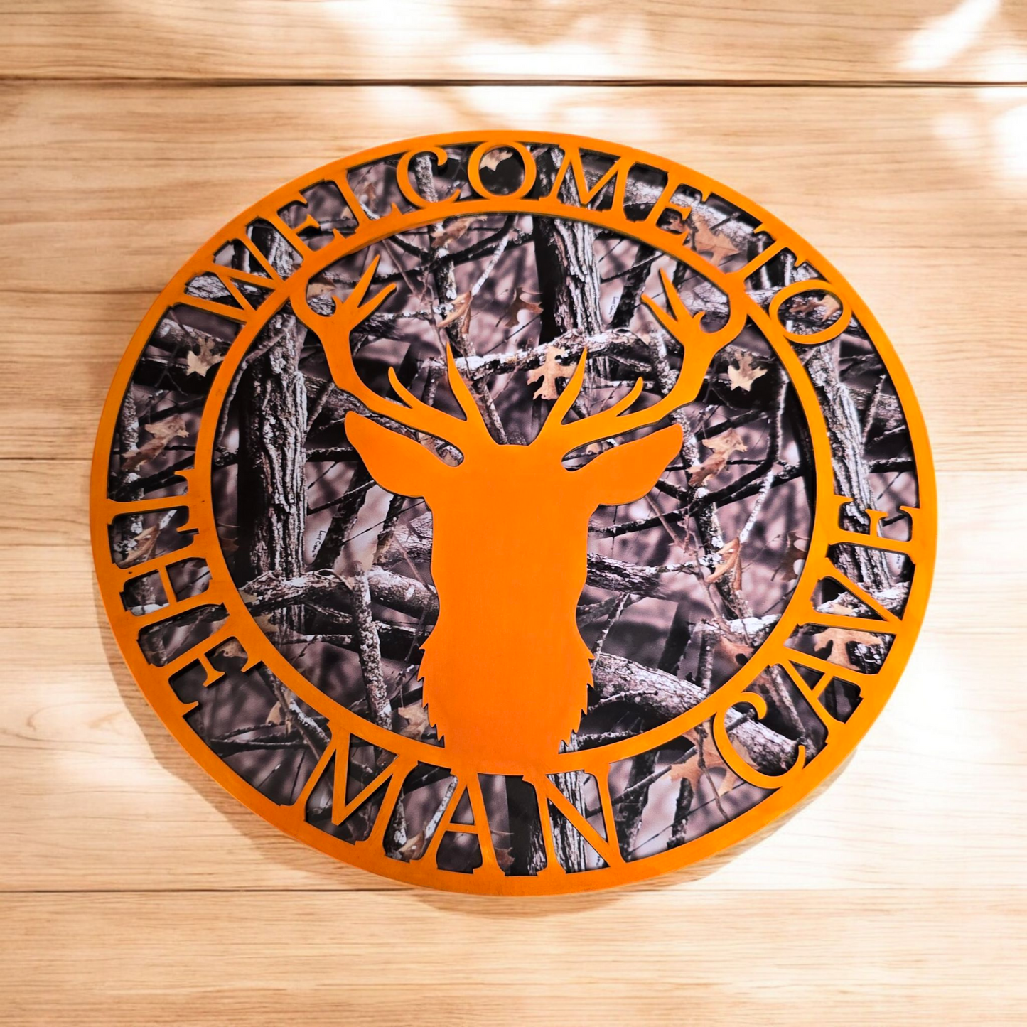 "Welcome to the Man Cave" Deer & Camo Sign – 12x12 Rustic Hunting Decor