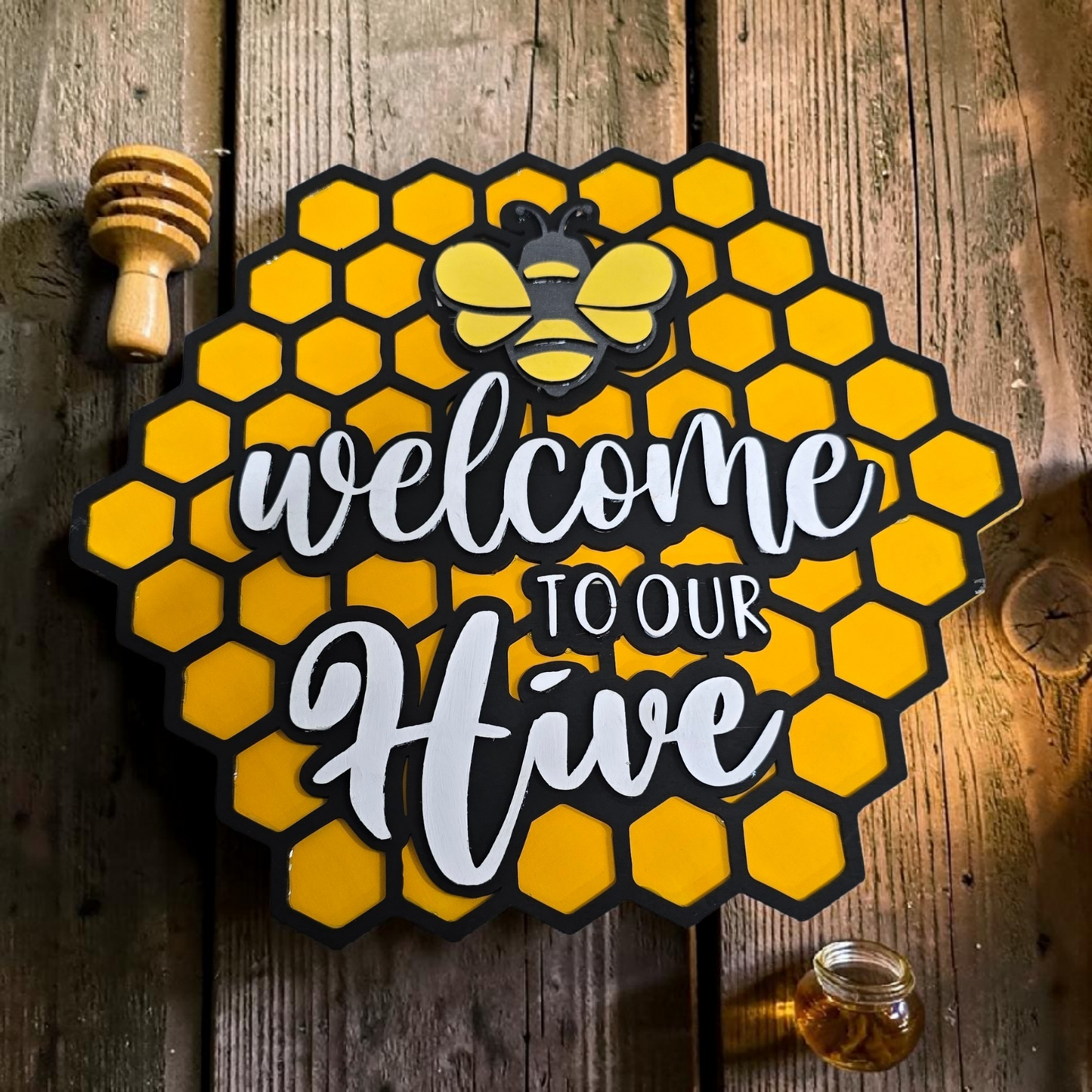 Welcome to Our Hive Sign – 12x12 Layered Wooden Bee Door Hanger | Farmhouse Honeycomb Decor