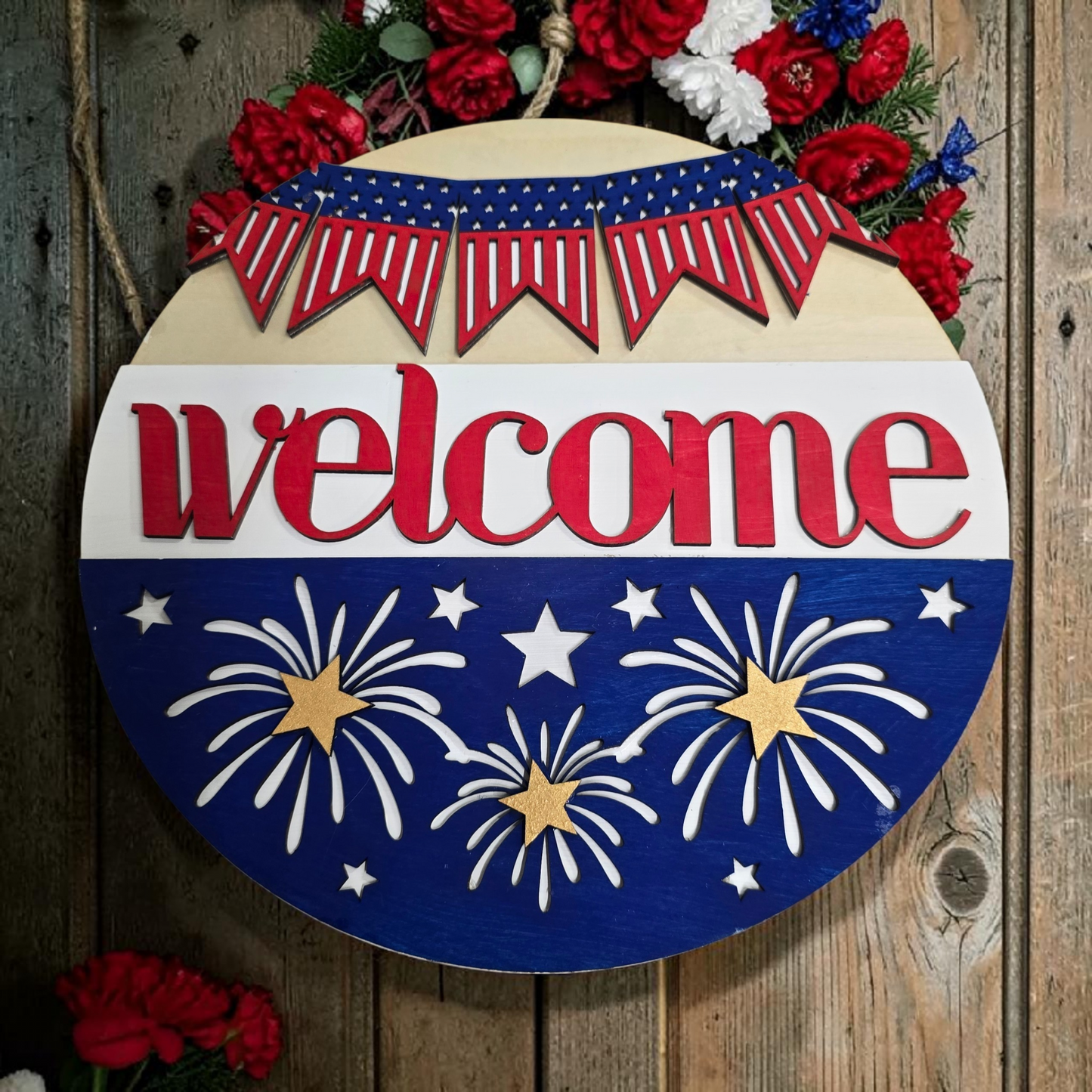 Patriotic Welcome Sign β 12x12 Layered Wooden Door Hanger | 4th of July Firework Decor