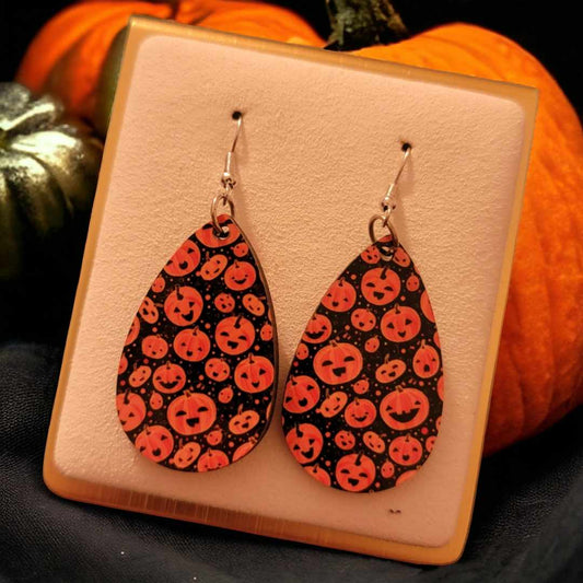 Halloween Pumpkin Wooden Teardrop Earrings