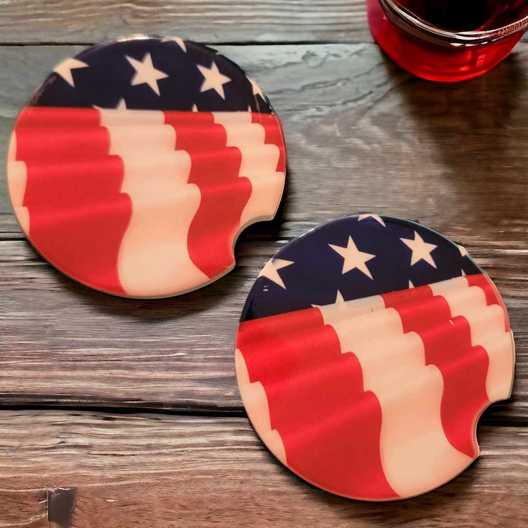 American Flag Car Coasters - Set of 2 Ceramic Coasters