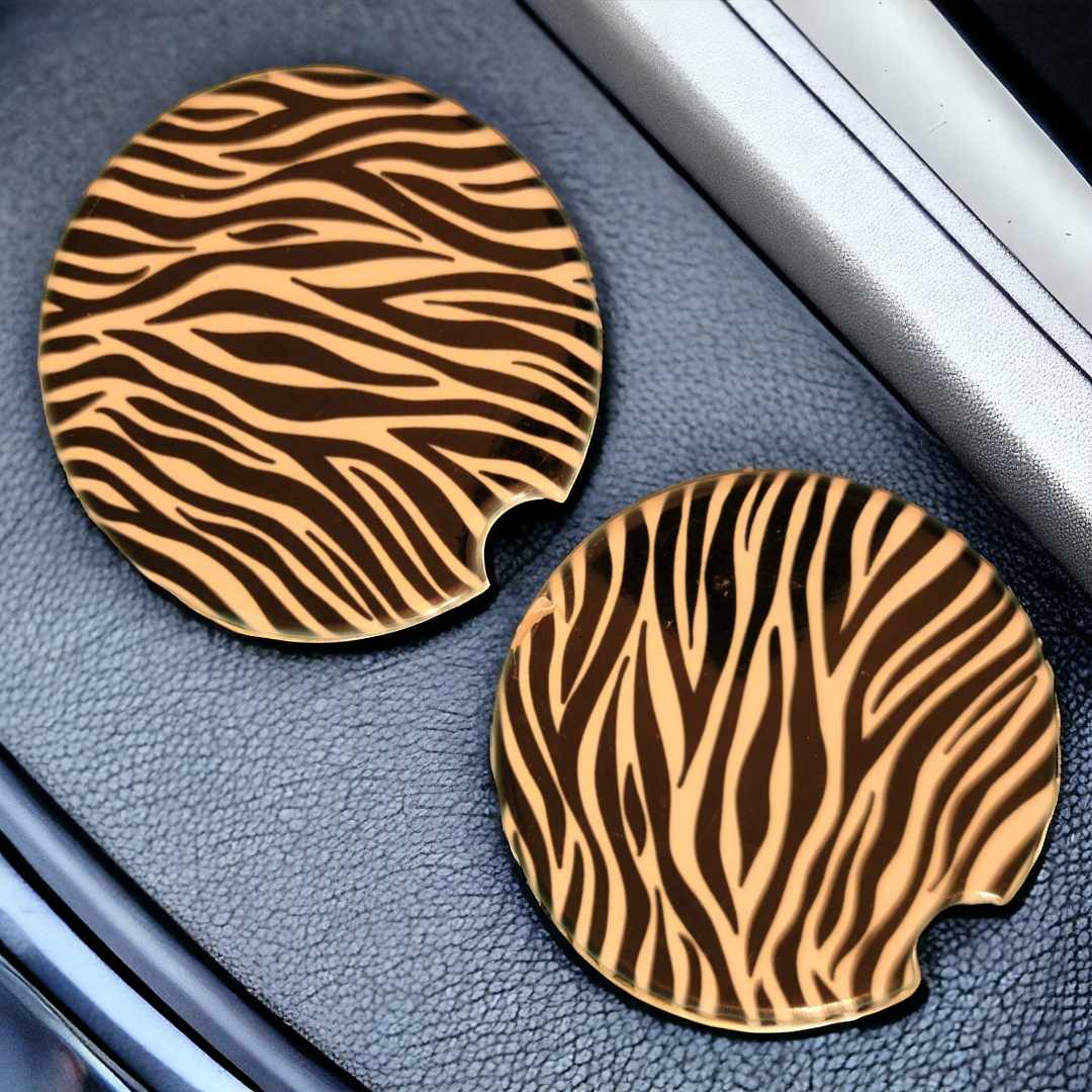 Zebra Print Car Coasters - Set of 2 Ceramic Coasters