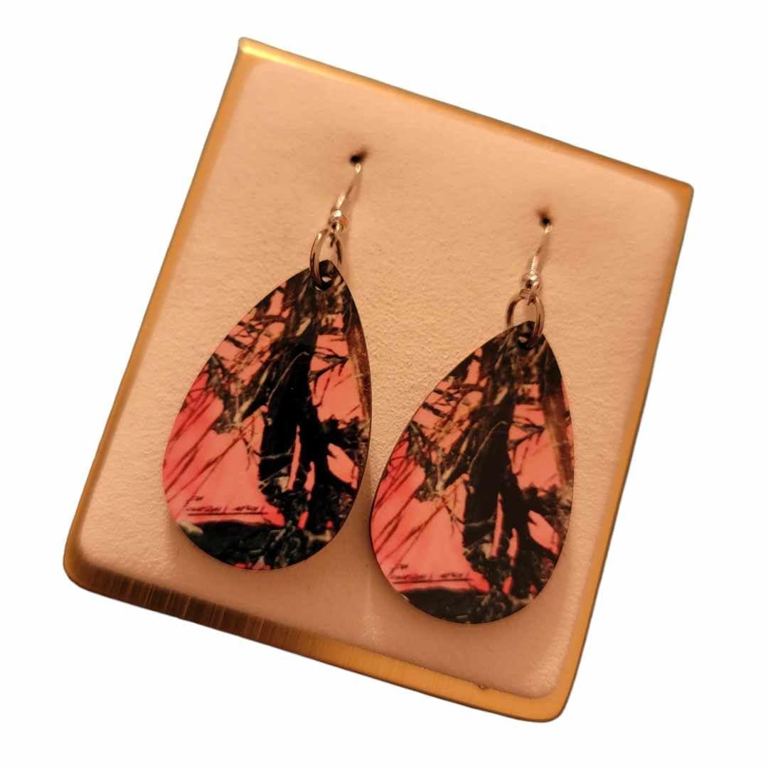 Pink Camouflage Wooden Teardrop Earrings