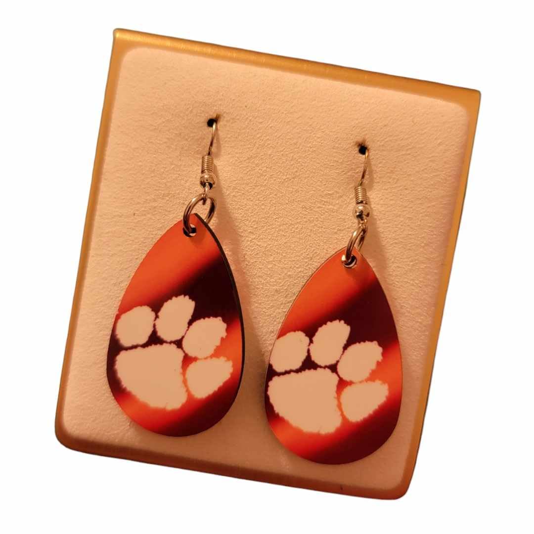 Clemson Wooden Teardrop Earrings (Purple and Orange)