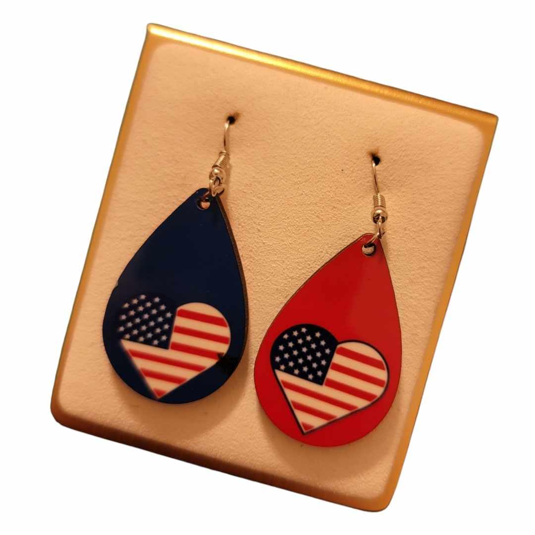 American Flag Heart Wooden Teardrop Earrings