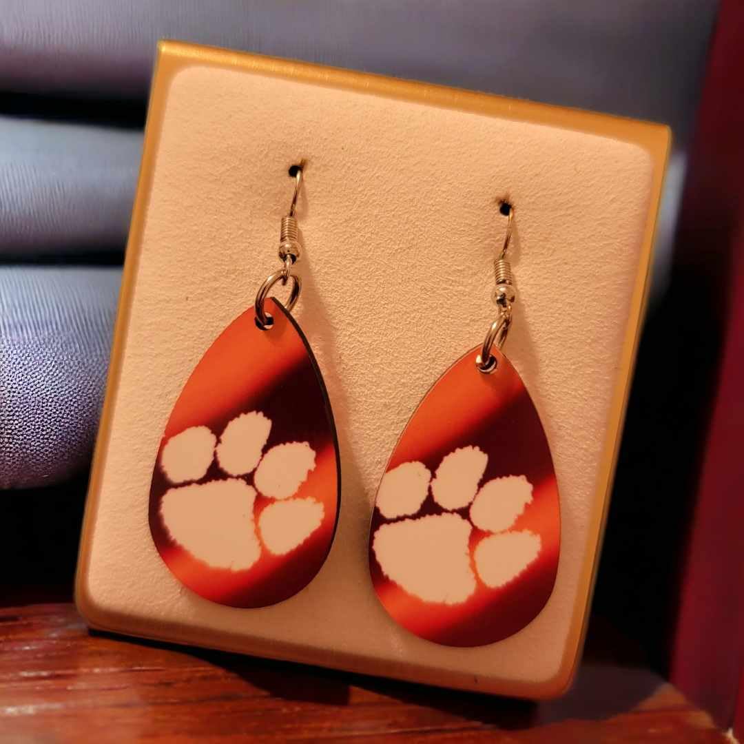 Clemson Wooden Teardrop Earrings (Purple and Orange)