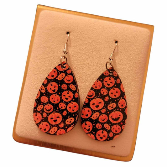 Halloween Pumpkin Wooden Teardrop Earrings