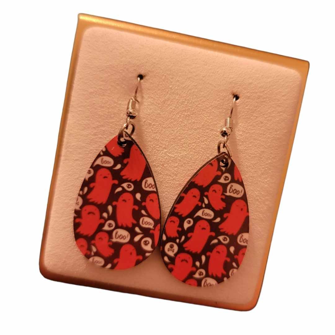 Halloween Orange Ghost Wooden Teardrop Earrings