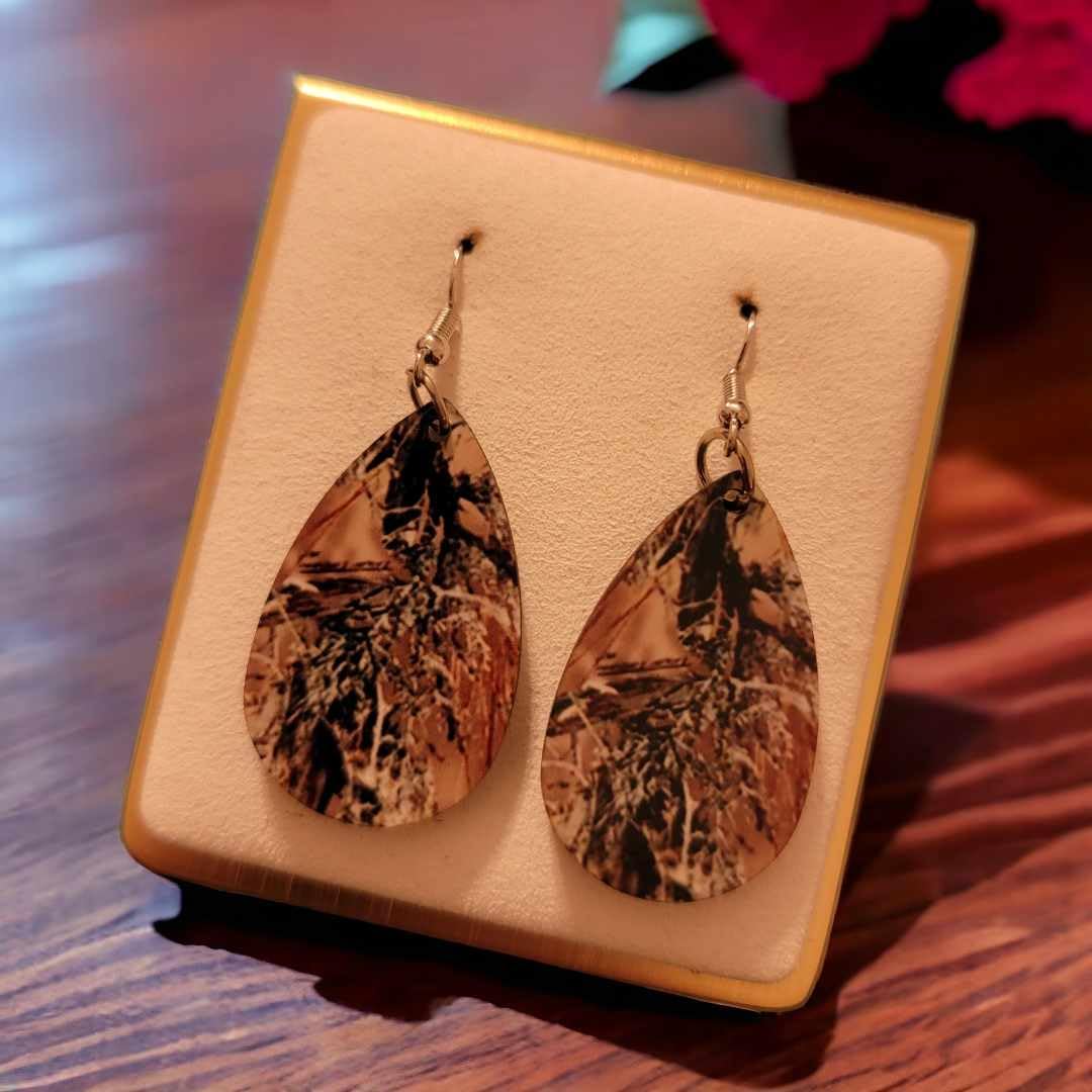 Camouflage Wooden Teardrop Earrings