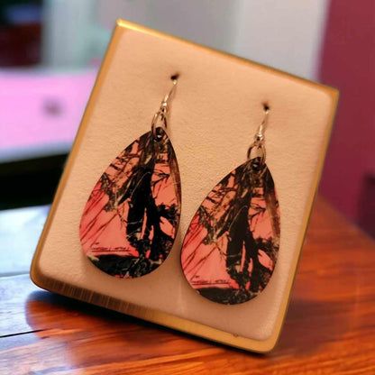 Pink Camouflage Wooden Teardrop Earrings