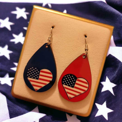 American Flag Heart Wooden Teardrop Earrings