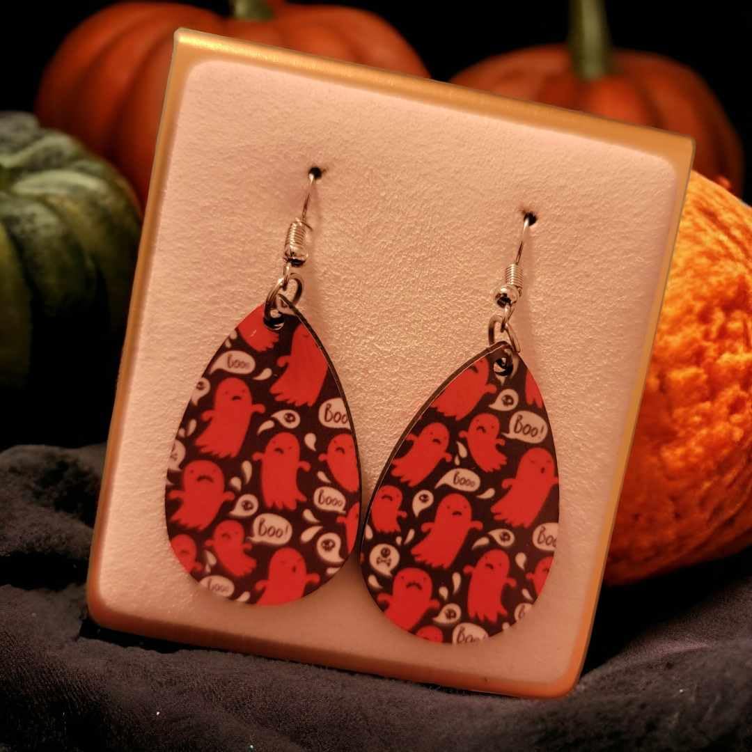 Halloween Orange Ghost Wooden Teardrop Earrings