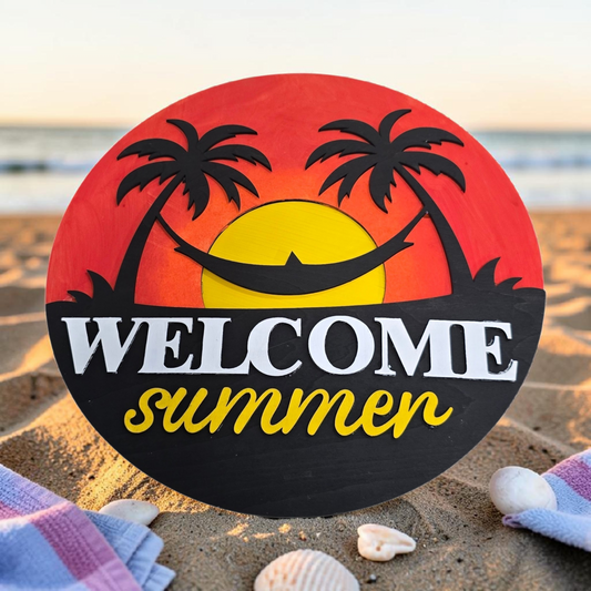 Welcome Summer Sign – 12x12 Layered Wooden Door Hanger | Tropical Beach Sunset Decor